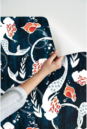 Miniatura 3 de Papel tapiz para despegar y pegar – Acuarela Sirena Natación Azul Marino Algas Coral Sirena Papel pintado extraíble personalizado por Spoonflower