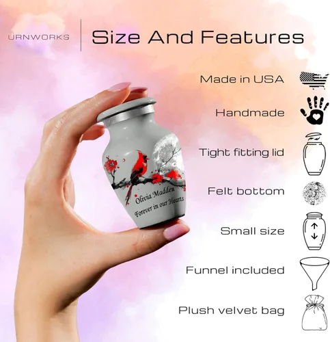 Miniatura 2 de Mini urna gris para cenizas, diseño cardenal y flor, pequeño recuerdo de cremación personalizado, hecho a mano en Estados Unidos, incluye bolsa