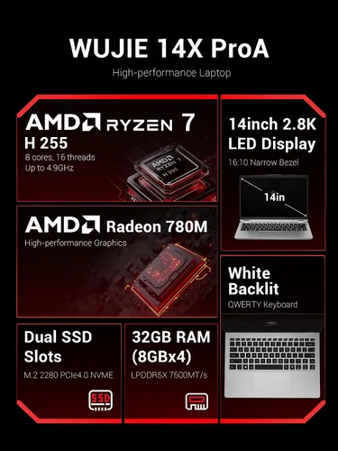 Miniatura 3 de Computadora portátil, pantalla QHD+ de 14 pulgadas, 2880x1800, AMD Ryzen7 H255 (8C/16T hasta 4.9 GHz, 70 W TDP), 32 GB LPDDR5X RAM, 1 TB PCIe 4.0
