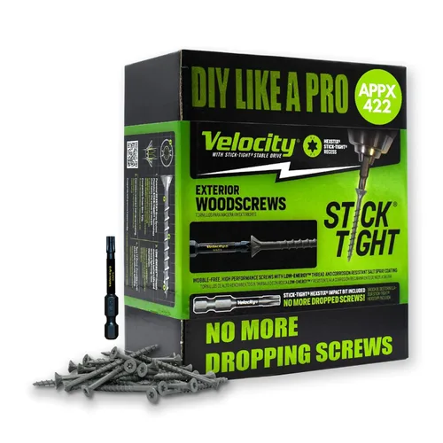 Miniatura 11 de Velocity - Tornillos para madera exteriores 1 1/2 y puntas Torx T20 (talla #8), tecnología adherente, fabricado con acero al carbono, incluye broca
