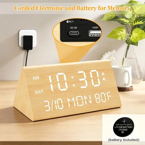 Miniatura 2 de Kogonee Reloj despertador digital de madera, atenuación 0-100%, 2 configuraciones de alarma, modo todos los días/fin de semana, repetición de 9