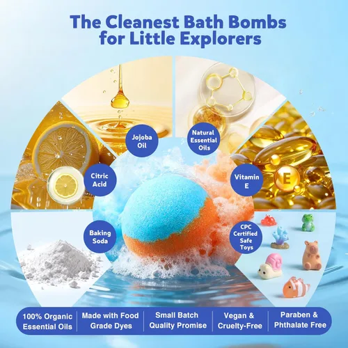 Miniatura 4 de 40 bombas de baño para niños con sorpresa en el interior, set de regalo de juguetes de animales del océano y la selva con ingredientes naturales