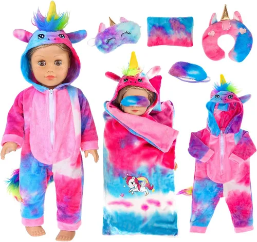 ebuddy - Juego de 6 piezas, diseño de unicornio en teñido anudado colorido, saco de dormir y accesorios para muñecas de 18 pulgadas y muñecas recién