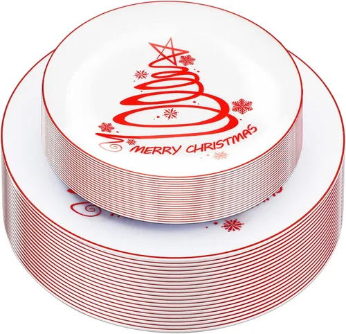 Miniatura 8 de EBOOT 60 piezas de platos de Navidad, platos de plástico de árbol de Navidad redondos desechables para postre y cena, suministros para fiesta