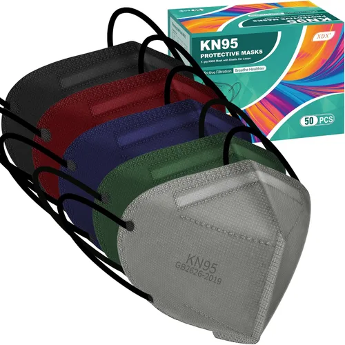 XDX Mascarillas KN95, paquete de 50 mascarillas faciales multicolor envueltas individualmente para hombres y mujeres, 5 capas mascarillas
