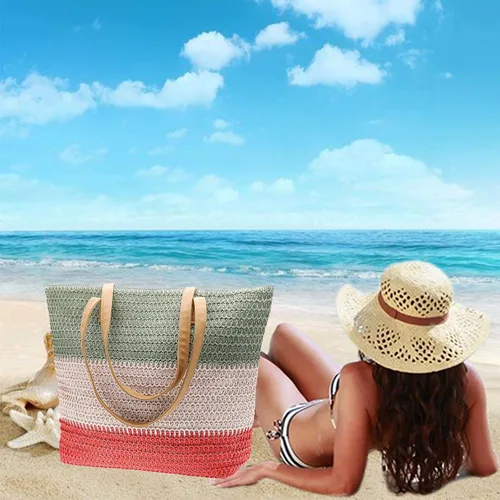 Miniatura 23 de Bolso grande de paja para mujer, tejido de ratán, bolso de playa de verano, a rayas