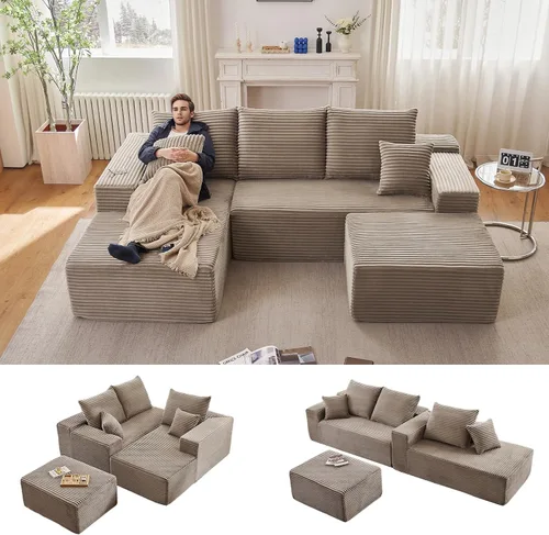 Miniatura 57 de Sofá modular Cloud de 95 pulgadas con otomana, moderno sofá nube en forma de U con asiento profundo, cómodo sofá de pana de 3 plazas, sofá de espuma