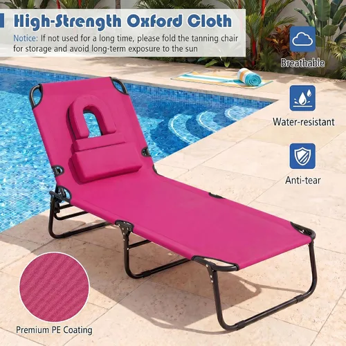 Miniatura 8 de Goplus Silla de bronceado, silla de playa plegable con agujero facial, almohada extraíble, correa de transporte, posición ajustable, silla