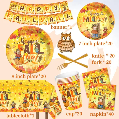 Miniatura 4 de Juego de 142 platos y servilletas de Acción de Gracias - Decoración de fiesta Happy Fall Y'all, vajilla desechable de espantapájaros, hojas de arce