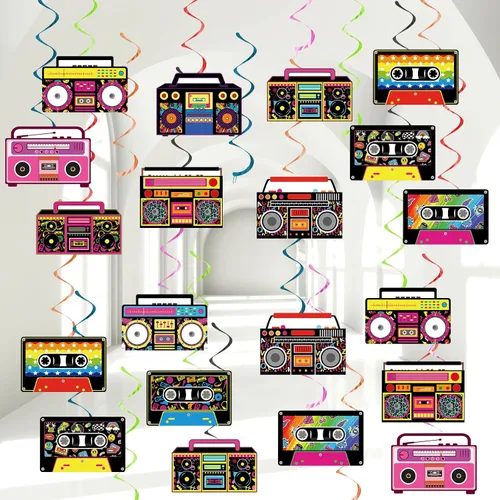 60 espirales colgantes retro Boombox de los años 80 y 90 para fiesta, decoración colgante de cassette, cinta de casete, serpentinas de techo,