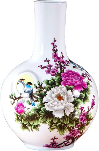 Miniatura 13 de Jarrón de cerámica blanco chino, Jingdezhen Birds Peony Flower Jarrones de porcelana blanca Decoración para el hogar B5