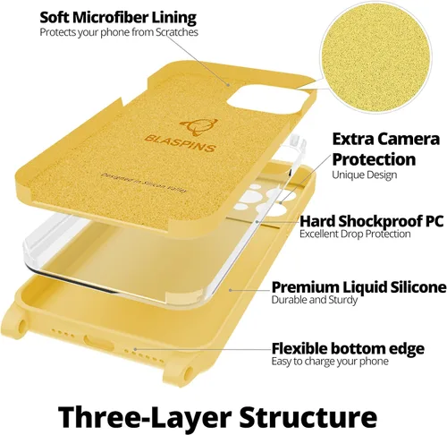 Miniatura 6 de Funda cruzada con cordón para iPhone 16, para el cuello, la muñeca, manos libres, correa ajustable y removible, de 160 cm, de silicona con Amarillo