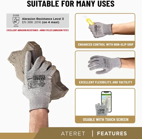 Miniatura 3 de ATERET Guantes de trabajo de nailon HPPE y guantes recubiertos de fibra de vidrio, uso ideal para corte de vidrio, fabricación