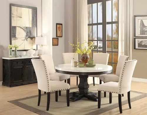 Juego de muebles de cocina con tapa de mármol blanco juego de mesa de comedor de madera (mesa redonda+6 sillas)