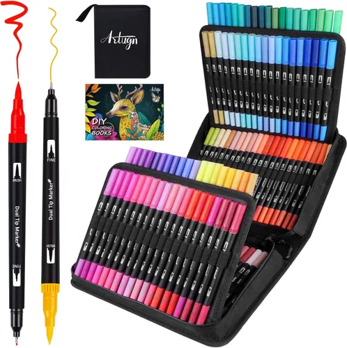 Artugn Rotuladores dobles para libros de colorear para adultos y niños, juego de marcadores artísticos de 120 colores con punta fina y pincel para