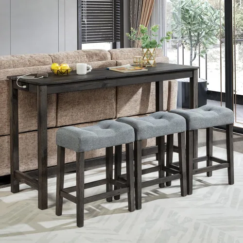 Miniatura 15 de Juego de mesa de bar industrial de 59" de 4 piezas con toma de corriente incorporada, mesa de sofá detrás del sofá con 3 taburetes tapizados