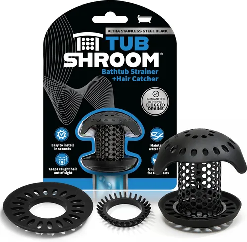 TubShroom Protector de drenaje de acero inoxidable, colador para baño y ducha, color negro mate, paquete de 1