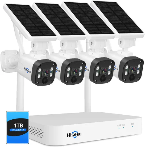 [Disco duro de 1 TB, foco de 4 MP] Sistema de cámara de seguridad inalámbrica solar Hiseeu 10CH, NVR HD 4K, visión nocturna, audio de 2 vías,