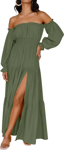 Miniatura 72 de ZESICA - Vestido largo, bohemio y sexy, con hombros descubiertos y manga larga fruncida, con elástico fruncido, cintura alta y abertura lateral