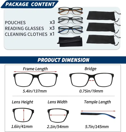 Miniatura 6 de Paquete de 3 gafas de lectura para hombres con pantalla de luz azul, con bisagra de resorte, anti fatiga ocular/sequedad/UV, lectores cuadrados