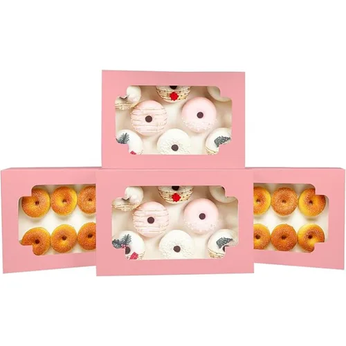 qiqee Caja de galletas rosa autodesplegable con ventana 12x8x2.5 pulgadas 18 paquetes Dos usos Plegable en un segundo Caja de pastelería galletas