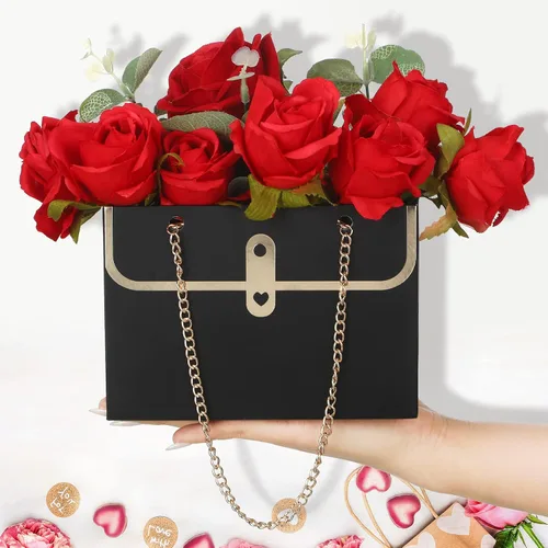Miniatura 4 de Lincia 12 cajas de flores negras para boda, bolsa de regalo de flores negras, cajas de ramo con asas para arreglos, papel de regalo de ramo