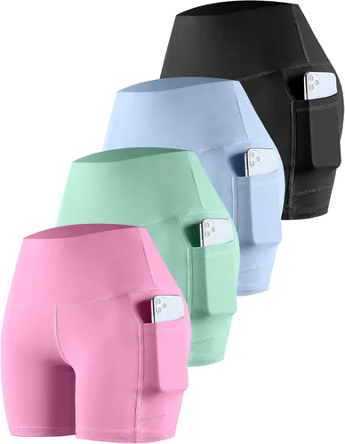 Miniatura 50 de CHRLEISURE - Pantalones cortos de ciclismo para mujer con bolsillos de licra, cintura alta, con control de abdomen para entrenamiento, yoga