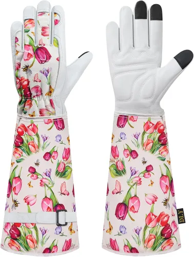 Miniatura 10 de DLY Guantes de jardinería para mujeres, guantes para rosas resistentes a espinas, guantes largos de jardín para mujeres, guantelete de cuero vacuno