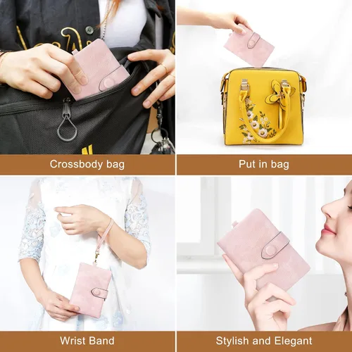 Miniatura 7 de CONISY Billeteras pequeñas de pulsera para mujer, billetera de cuero plegable RFID con ventana de identificación y cremallera Small, Bifold, RFID