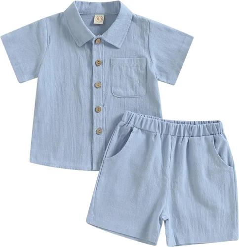 Hoanselay Conjunto de pantalones cortos de lino de algodón para bebé, color sólido, manga corta, con botones, camiseta y pantalones cortos, ropa de