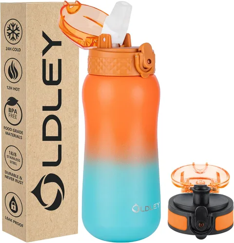 Miniatura 16 de Botella de agua aislada Oldley de 12 oz con pajita, botella de agua de acero inoxidable con 2 tapas, botellas de doble pared con vacío para adultos