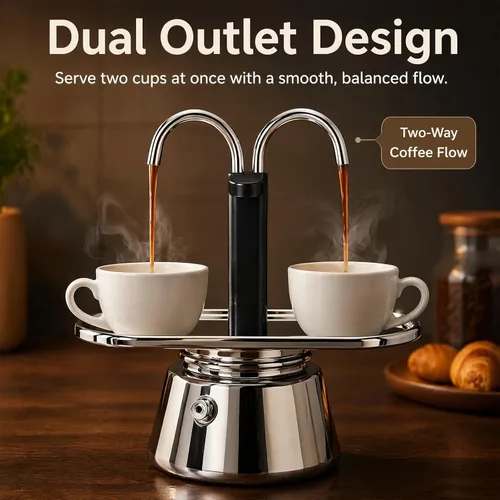 Miniatura 3 de Olla de Moka de Acero Inoxidable, Cafetera de Espresso de 2 Tazas para Estufa con Doble Boca, Fácil de Operar, Prepara Café Rápidamente, Olla