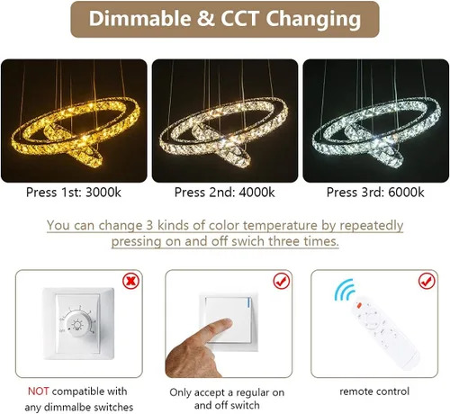 Miniatura 2 de Candelabros modernos de cristal, regulables, redondos, con control remoto, 2 anillos, lámpara colgante de techo LED para vestíbulo, comedor, sala