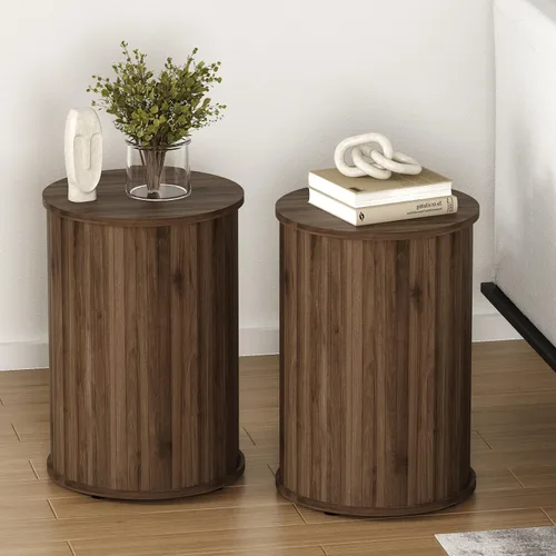 Miniatura 8 de Mesa auxiliar redonda acanalada para sala de estar, moderna mesa auxiliar de madera para sofás y espacios pequeños, mesa de noche de 21.9 pulgadas