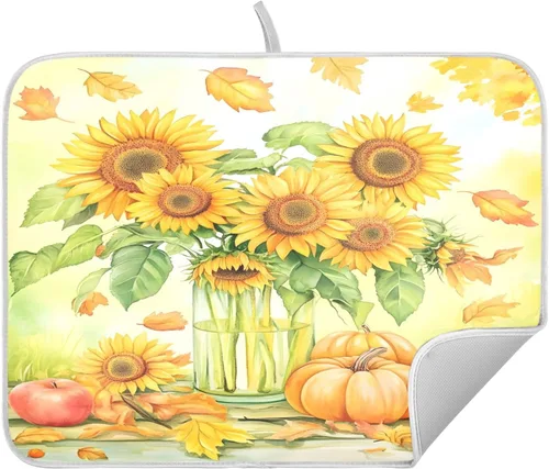 Miniatura 23 de Tapete de secado de platos de hojas de otoño y girasol, almohadilla absorbente de secado rápido, protector para encimera de cocina, 16 x 18 pulgadas
