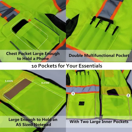 Miniatura 4 de Chaleco de alta visibilidad con bolsillos y cremallera para hombres y mujeres, chaleco de construcción con tiras reflectantes, Hi Vis Clase 3 Naranja