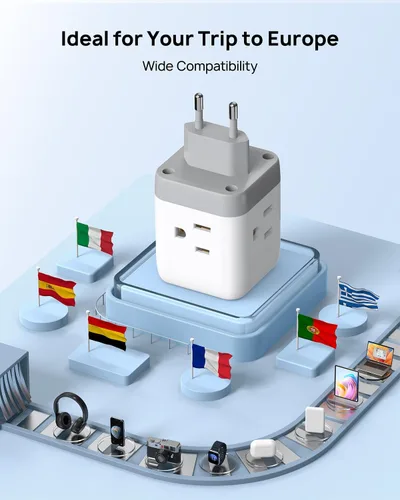 Miniatura 4 de TROND Adaptador de enchufe de viaje europeo - Convertidor de adaptador de corriente internacional para Europa con 3 tomacorrientes 2 USB, adaptador