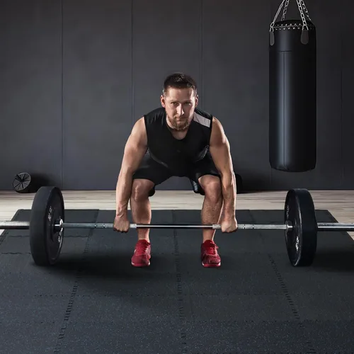 Miniatura 9 de VEVOR Suelo de gimnasio de 0.56 pulgadas, 100 pies cuadrados, 25 baldosas para gimnasio en casa, parte superior de goma con espuma EVA de alta Negro
