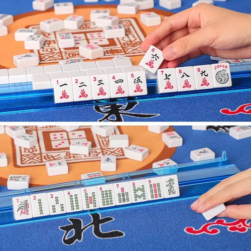 Miniatura 4 de Juego de Mahjong Americano GUSTARIA, 166 fichas blancas de calidad, 4 estantes/empujadores de color todo en uno, juego completo de fichas de Mahjong