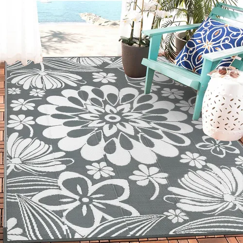 Ileading Alfombra de paja de plástico para exteriores, 5 x 8 pies, divertido estilo floral, reversible, impermeable, no se desprende, alfombras