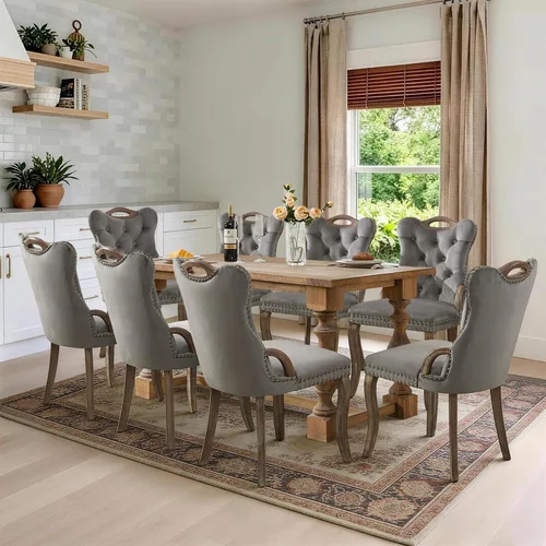 Miniatura 104 de SoarFlash Juego de 2 sillas de comedor de tela de lino, sillas de comedor tapizadas con ribete de cabeza de clavo y patas de madera de color claro