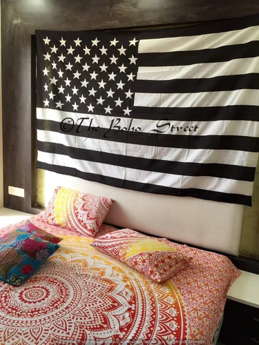 Miniatura 3 de The Boho Street Tapiz de bandera estadounidense exclusiva 100% algodón blanco y negro clásico, para colgar en la pared estilo hippie indio, colcha