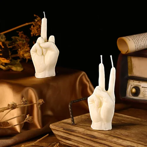 Miniatura 3 de BBTO 2 velas de mano de dedo medio – Gesto de victoria decoración de habitación adolescente – Vela blanca divertida estética para oficina, casa