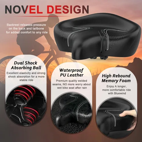 Miniatura 2 de BLUEWIND Asiento de bicicleta de gran tamaño, asiento de bicicleta ancho, diseño de respaldo novedoso para bicicleta eléctrica, ajuste universal