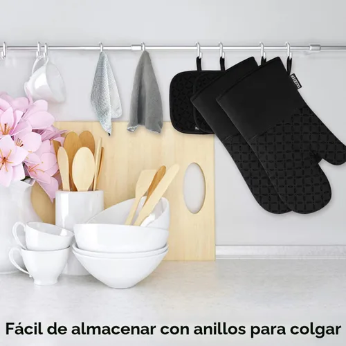 Miniatura 4 de KEGOUU Juego de 6 manoplas para horno y soportes para ollas, guantes para horno de cocina, resistentes al calor, 500 grados, extra largos, Negro