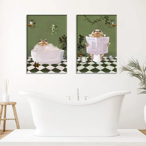 Miniatura 5 de 2 piezas de arte de pared de rana de baño, creatividad, estética, maximalista, verde, pósteres de imágenes de rana en la bañera, pintura en lienzo