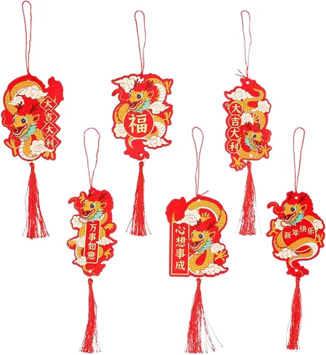 VILLCASE 6 piezas de adornos de año nuevo chino 2024 año del dragón colgante tradicional de la suerte mascota zodiaco borla encanto para festival de