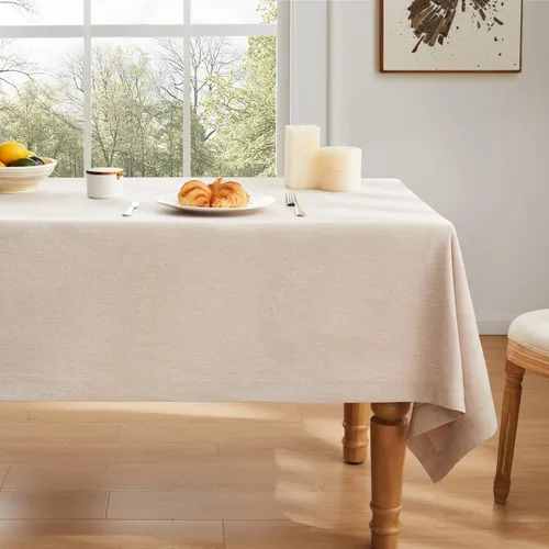 Miniatura 2 de ZeeMart Mantel Básico de Lino Texturizado, 60 x 120 Pulgadas Color Tan Claro, Mantel Rectángulo de Estilo Granja Neutral, Resistente a las Arrugas