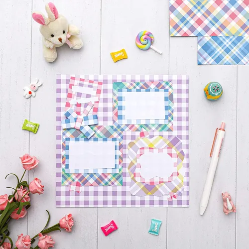 Miniatura 6 de Whaline 24 hojas de papel de primavera pastel con patrón a cuadros, 12 diseños, álbumes de recortes, papel especial para Pascua, papel decorativo