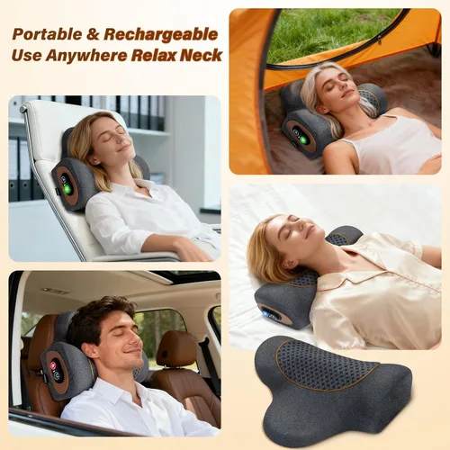 Miniatura 8 de Almohada masajeadora de cuello recargable 3 en 1 con calor, vibración y tracción de aire, almohada térmica para el cuello, joroba, relajación Negro